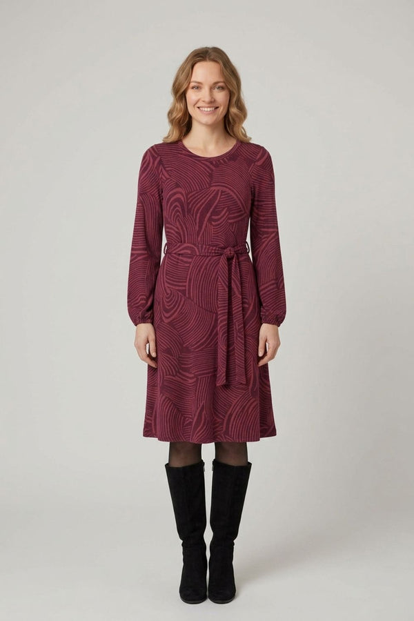 Purple | Abstract Tie Waist A-Line Midi Dress