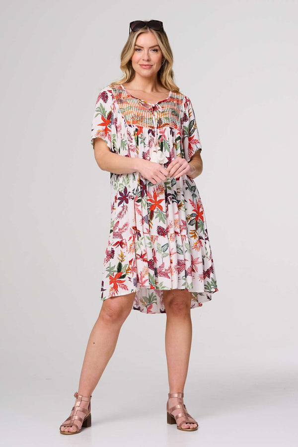 White | Tropical Print Tie Neck Knee Length Dress
