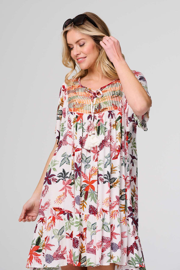 White | Tropical Print Tie Neck Knee Length Dress
