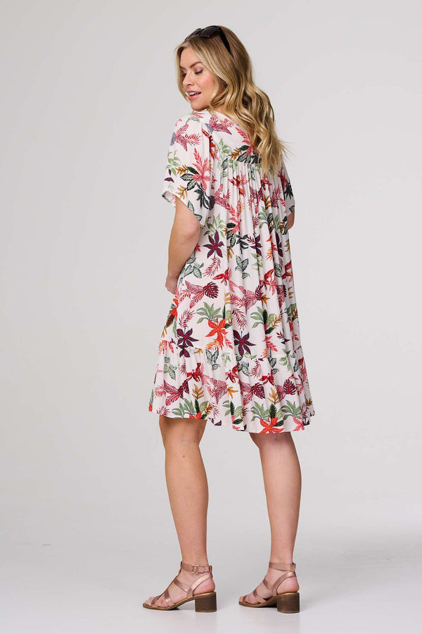White | Tropical Print Tie Neck Knee Length Dress
