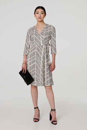 Cream | Printed 3/4 Sleeve Knee Length Wrap Dress : Model is 5'9