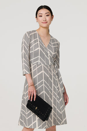 Cream | Printed 3/4 Sleeve Knee Length Wrap Dress : Model is 5'9