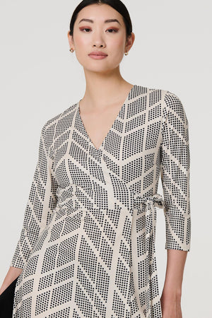 Cream | Printed 3/4 Sleeve Knee Length Wrap Dress
