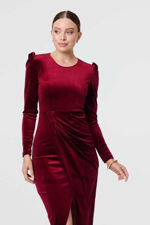 Red | Velvet Long Puff Sleeve Split Hem Midi Dress
