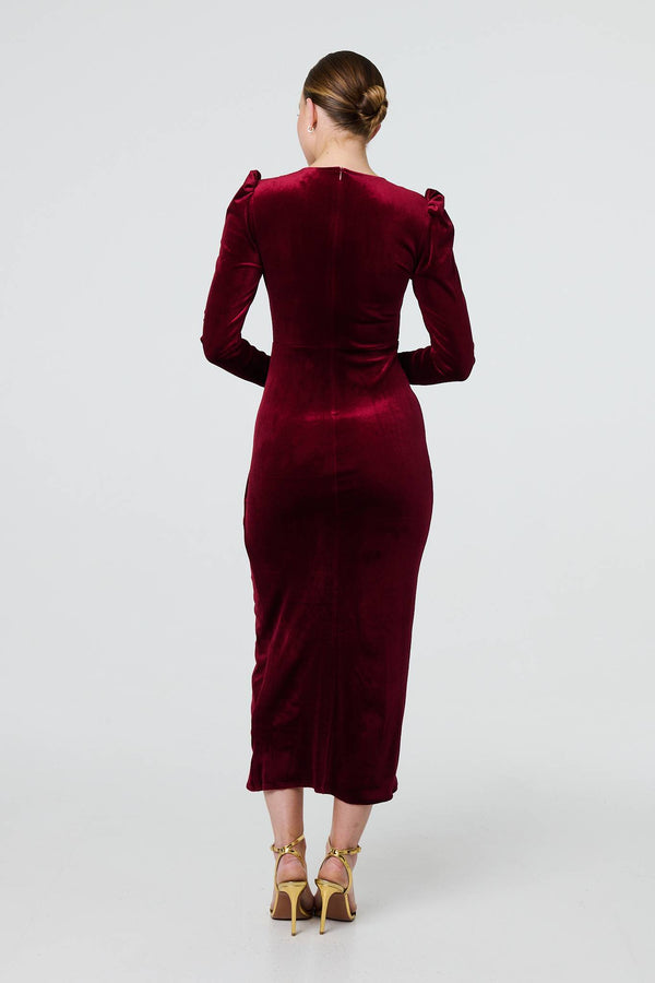 Red | Velvet Long Puff Sleeve Split Hem Midi Dress
