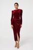 Red | Velvet Long Puff Sleeve Split Hem Midi Dress
