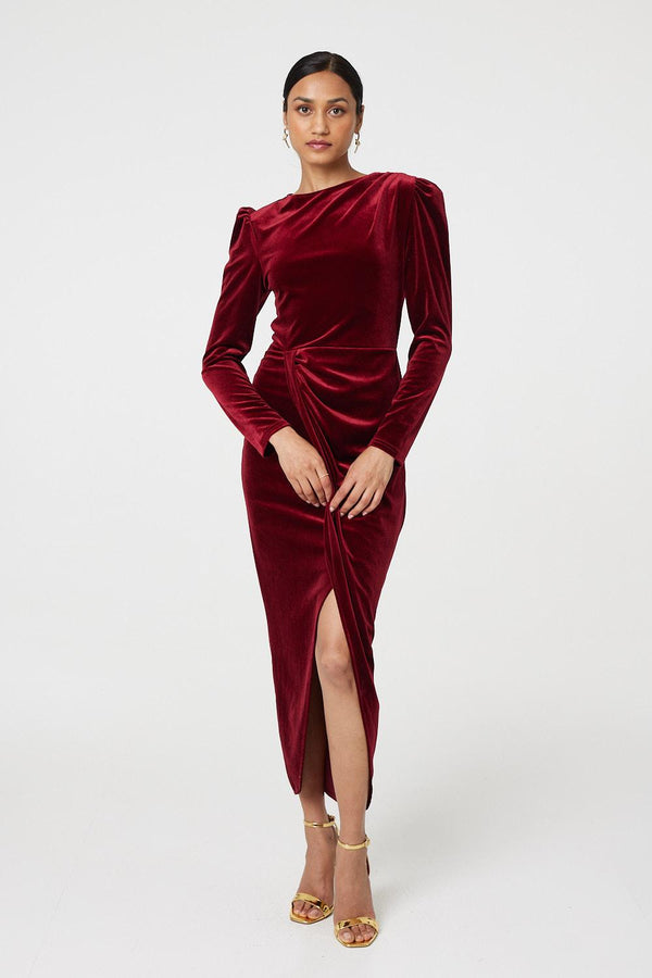 Red | Velvet Long Puff Sleeve Split Hem Midi Dress
