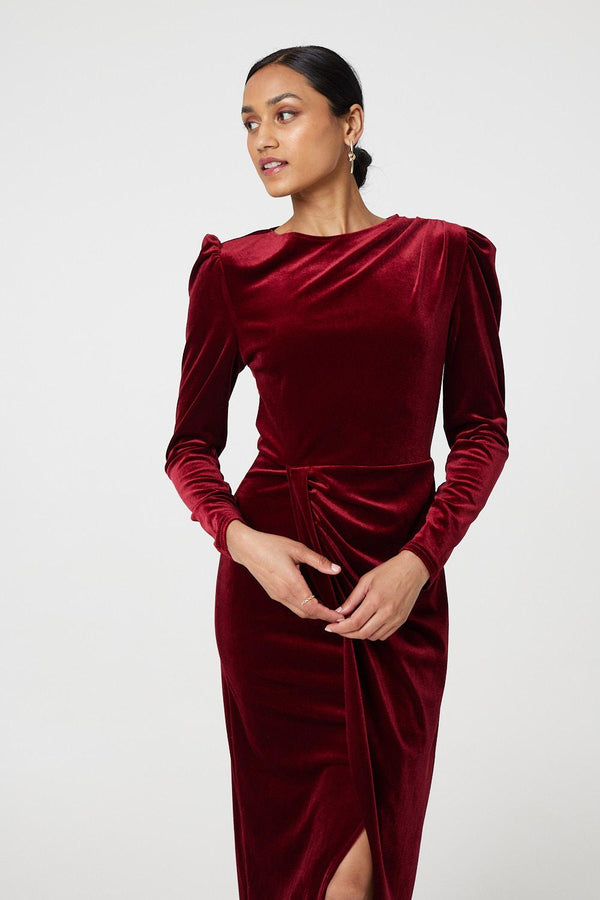 Red | Velvet Long Puff Sleeve Split Hem Midi Dress
