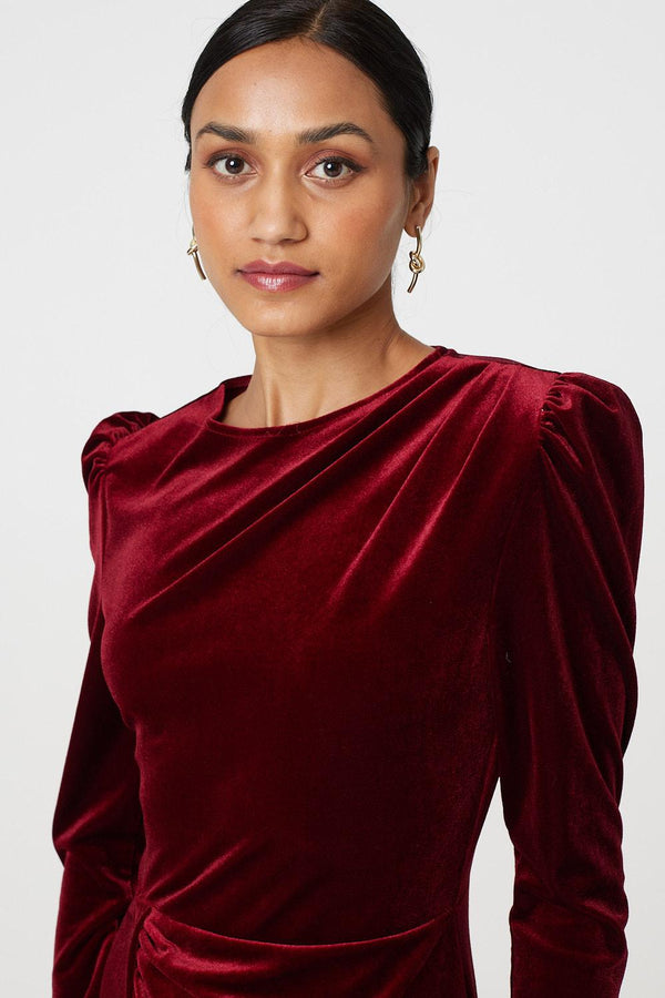 Red | Velvet Long Puff Sleeve Split Hem Midi Dress

