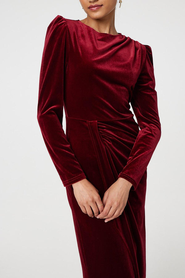 Red | Velvet Long Puff Sleeve Split Hem Midi Dress

