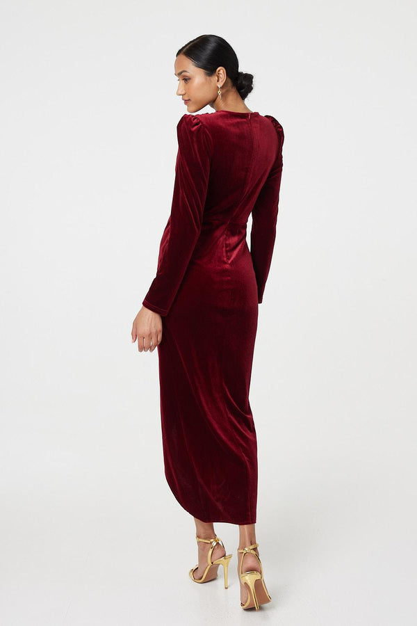 Red | Velvet Long Puff Sleeve Split Hem Midi Dress
