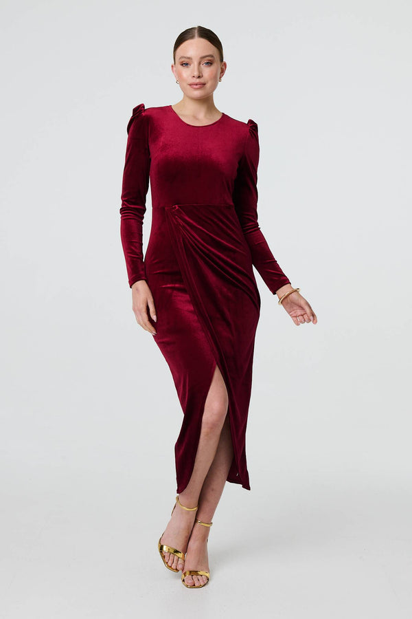 Red | Velvet Long Puff Sleeve Split Hem Midi Dress
