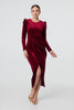 Red | Velvet Long Puff Sleeve Split Hem Midi Dress

