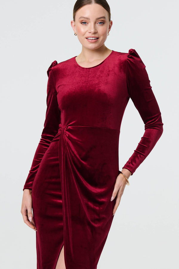 Red | Velvet Long Puff Sleeve Split Hem Midi Dress
