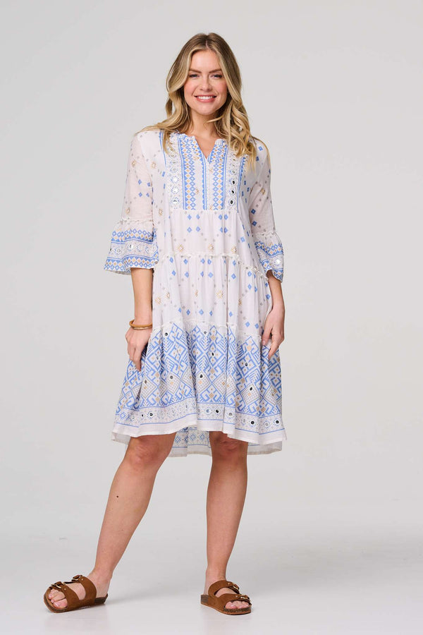 White | Embroidered 3/4 Flared Sleeve Short Smock Dress