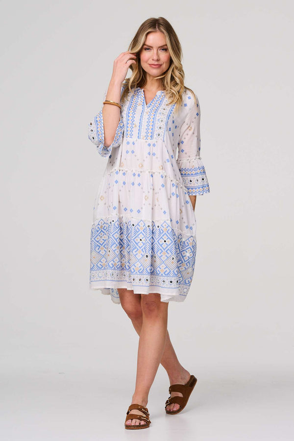 White | Embroidered 3/4 Flared Sleeve Short Smock Dress