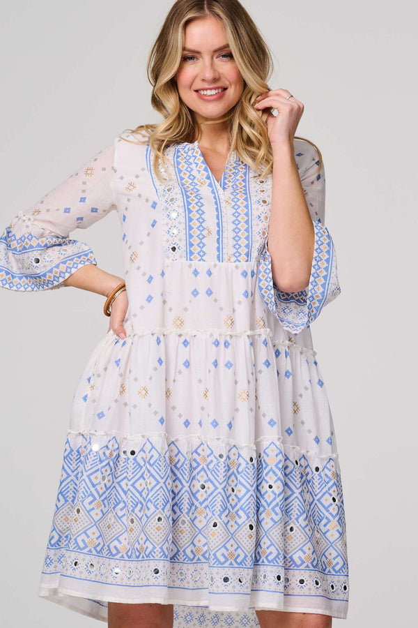 White | Embroidered 3/4 Flared Sleeve Short Smock Dress