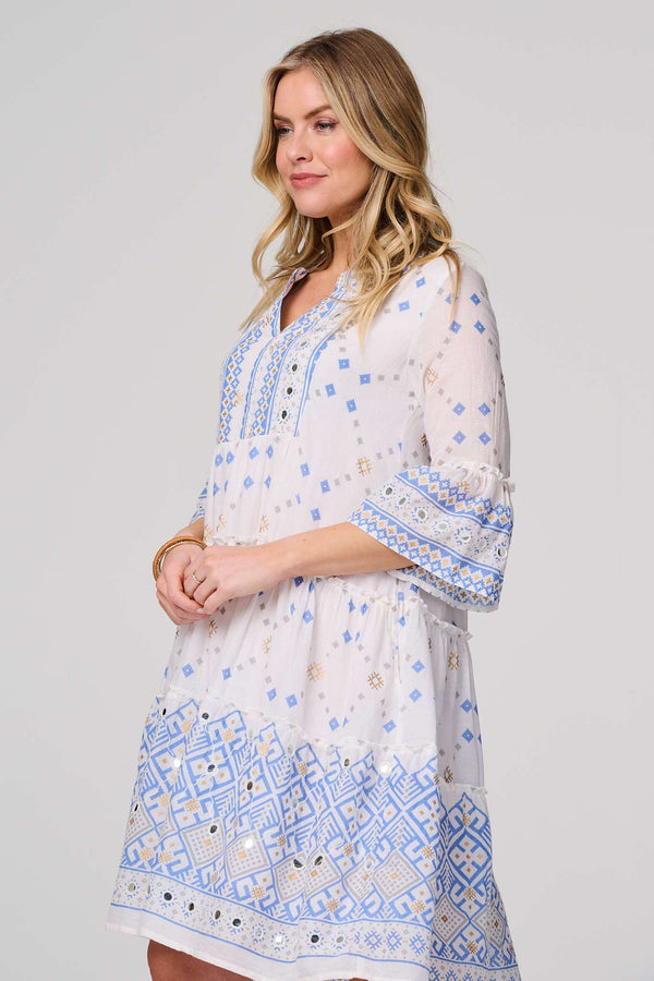 White | Embroidered 3/4 Flared Sleeve Short Smock Dress