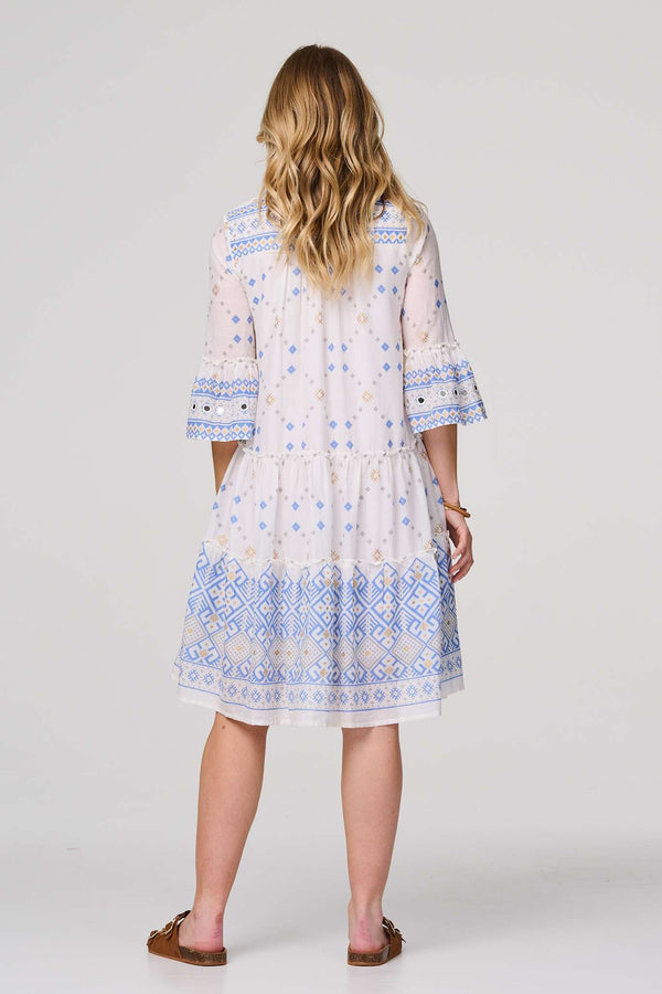 White | Embroidered 3/4 Flared Sleeve Short Smock Dress