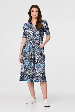 Navy | Abstract Ruched 1/2 Sleeve Midi Dress

