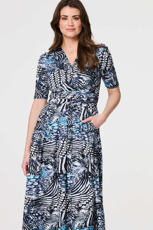 Navy | Abstract Ruched 1/2 Sleeve Midi Dress
