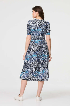 Navy | Abstract Ruched 1/2 Sleeve Midi Dress
