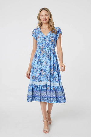 Blue | Floral Cap Sleeve Lace Trim Midi Dress
