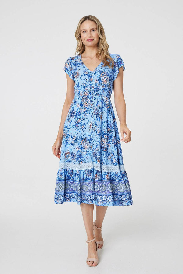 Blue | Floral Cap Sleeve Lace Trim Midi Dress
