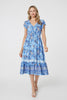 Blue | Floral Cap Sleeve Lace Trim Midi Dress
