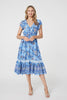 Blue | Floral Cap Sleeve Lace Trim Midi Dress
