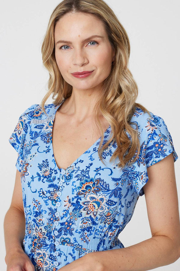 Blue | Floral Cap Sleeve Lace Trim Midi Dress
