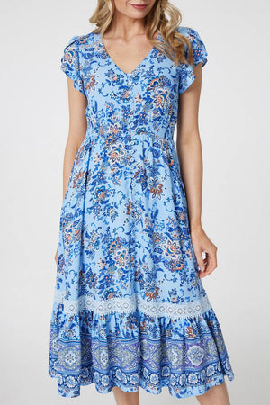 Blue | Floral Cap Sleeve Lace Trim Midi Dress
