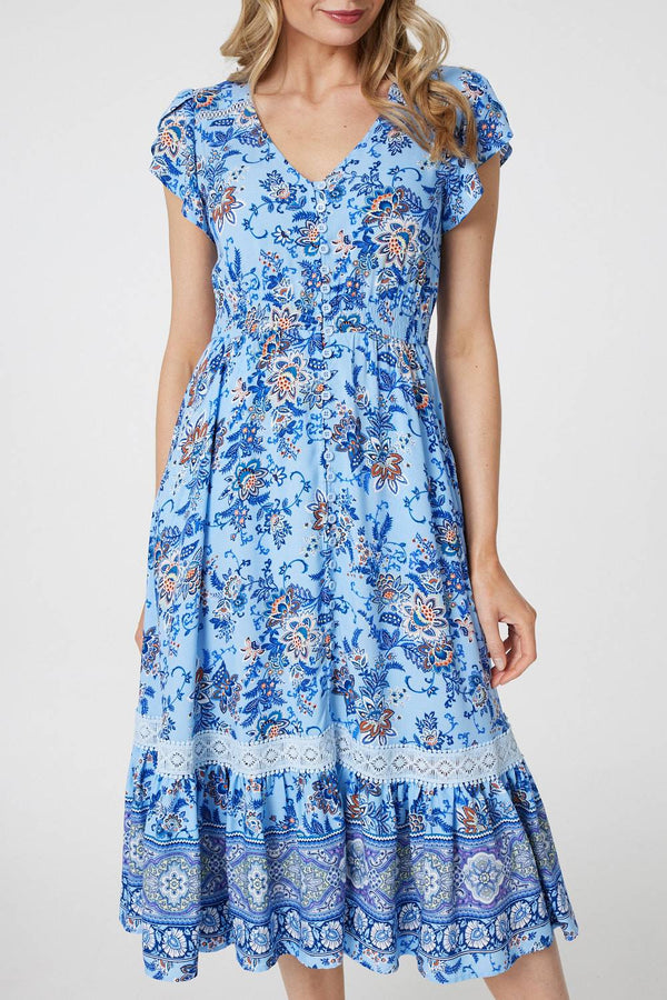 Blue | Floral Cap Sleeve Lace Trim Midi Dress
