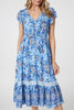 Blue | Floral Cap Sleeve Lace Trim Midi Dress
