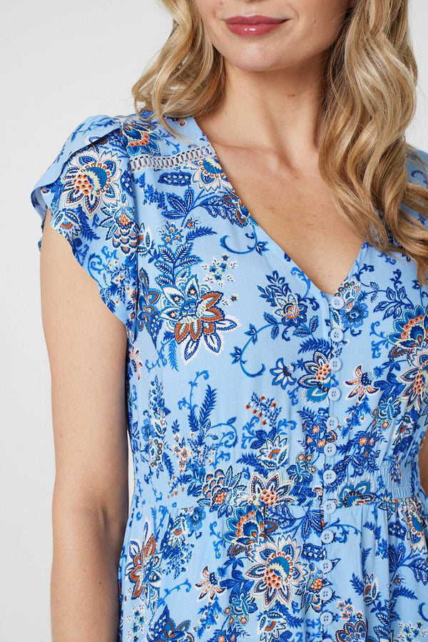 Blue | Floral Cap Sleeve Lace Trim Midi Dress
