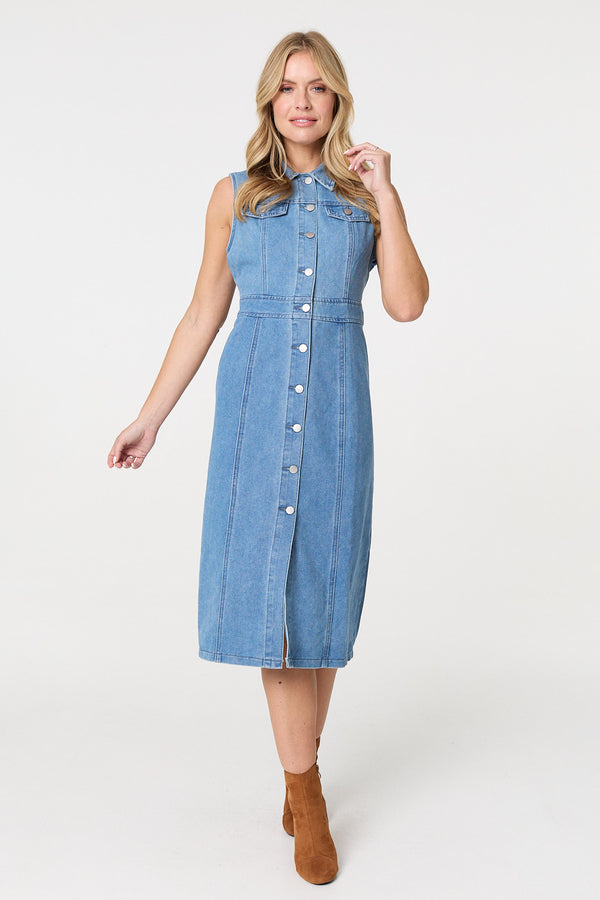 Blue | Denim Button Sleeveless Midi Shirt Dress
