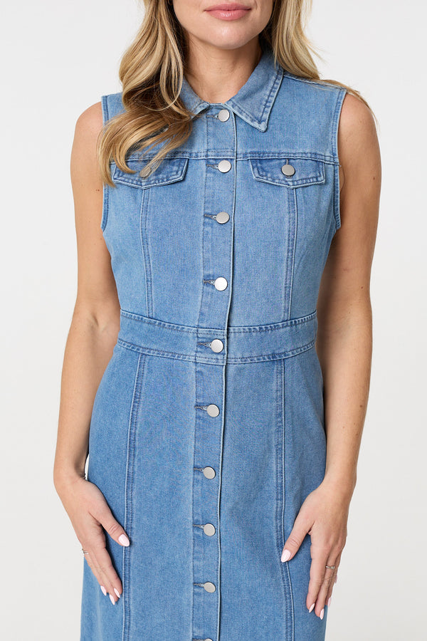Blue | Denim Button Sleeveless Midi Shirt Dress
