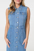 Blue | Denim Button Sleeveless Midi Shirt Dress
