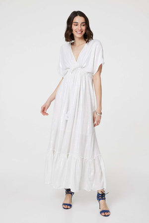 White | Dotty Empire Waist Kimono Maxi Dress