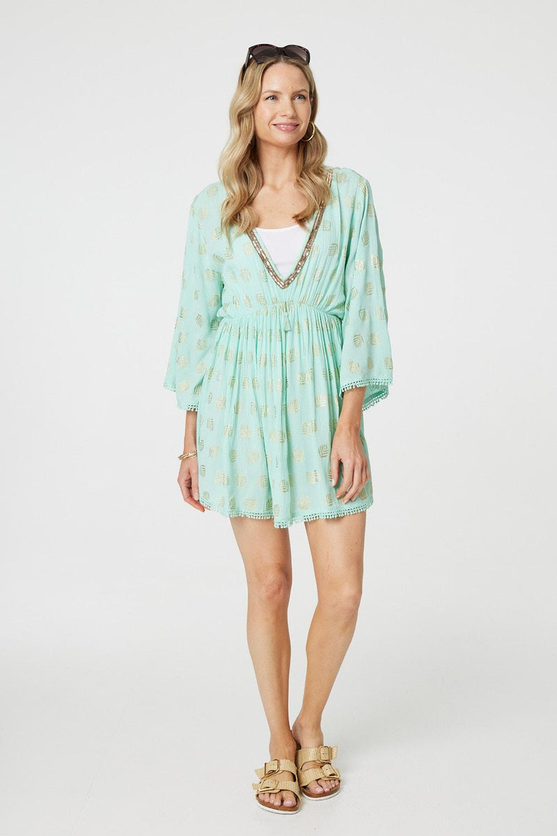 Foiled Leaf Print Short Beach Dress | Izabel London Foiled Leaf Print Short Beach Dress | Izabel London