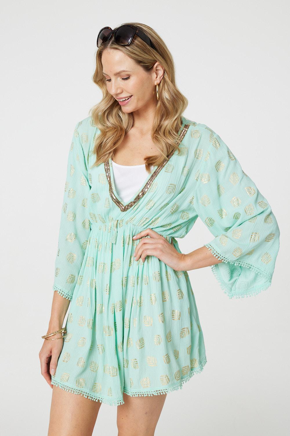 Foiled Leaf Print Short Beach Dress