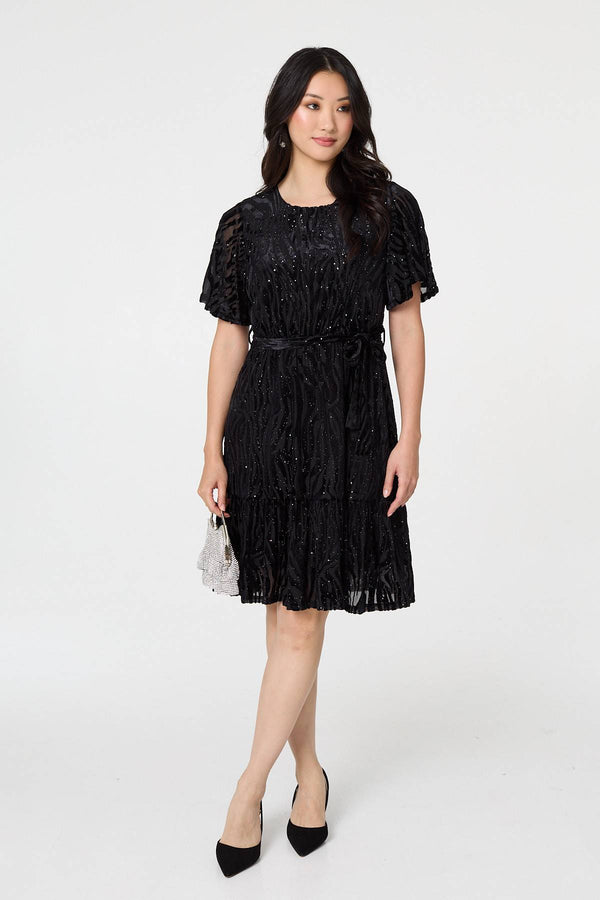 Black | Sparkly Textured Knee Length Dress