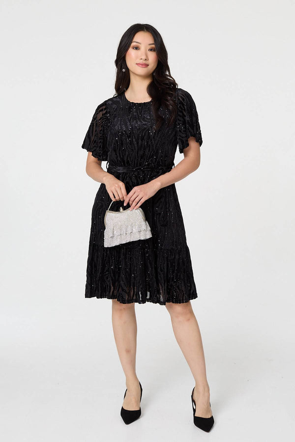 Black | Sparkly Textured Knee Length Dress