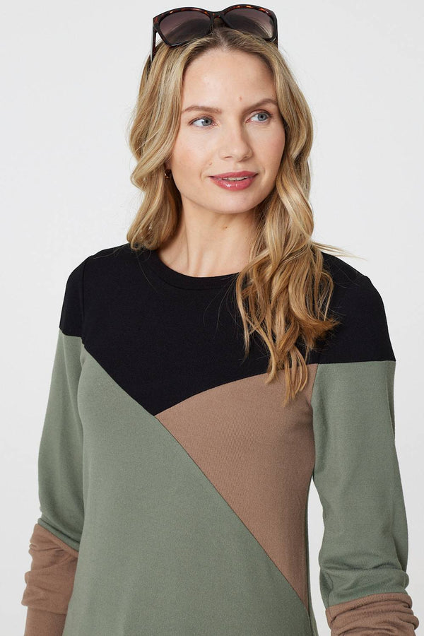 Green | Colour Block Long Sleeve Short Dress