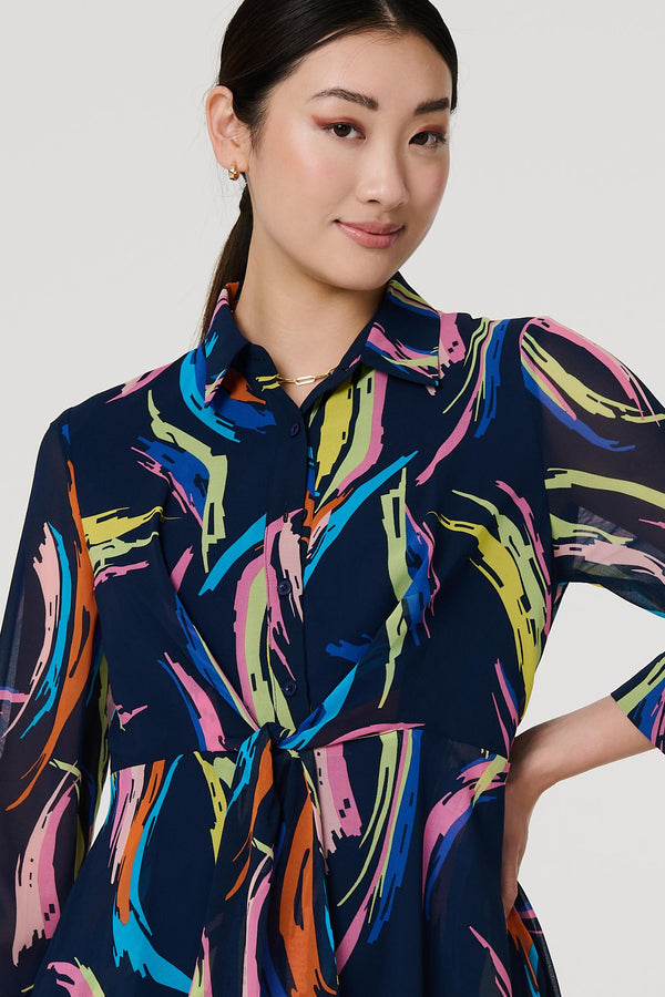 Navy | Abstract Tie Front Midi Shirt Dress
