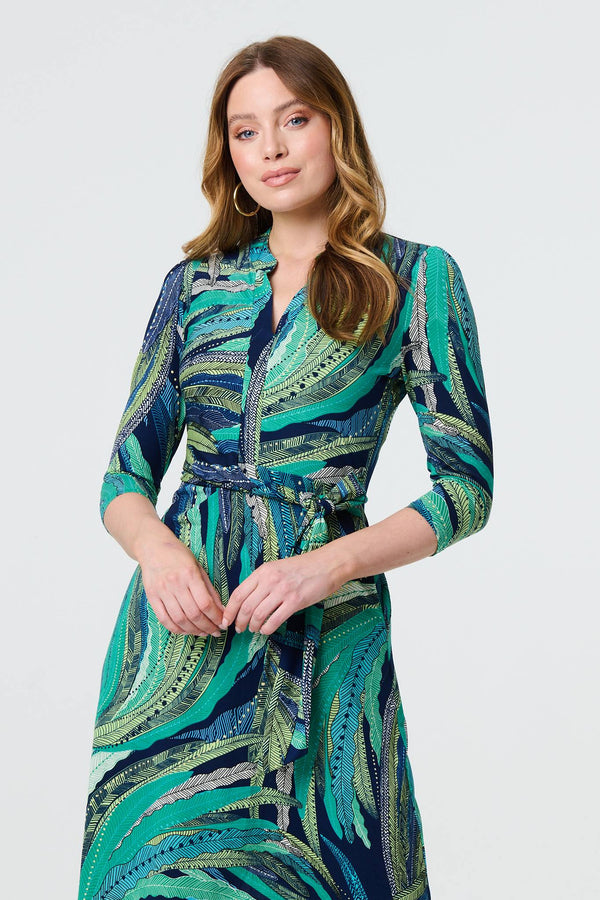 Green | Leaf Print 3/4 Sleeve Short Dress
