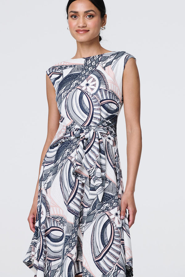 Navy | Printed Tie Front Knee Length Dress