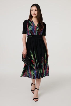 Green | Feather Print Faux Wrap Front Midi Dress : Model is 5'9