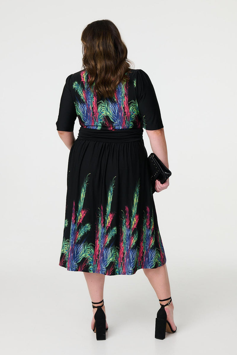 Feather Print Faux Wrap Front Midi Dress | Izabel London Feather Print Faux Wrap Front Midi Dress | Izabel London
