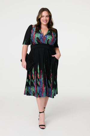 Green | Feather Print Faux Wrap Front Midi Dress : Model is 5'8